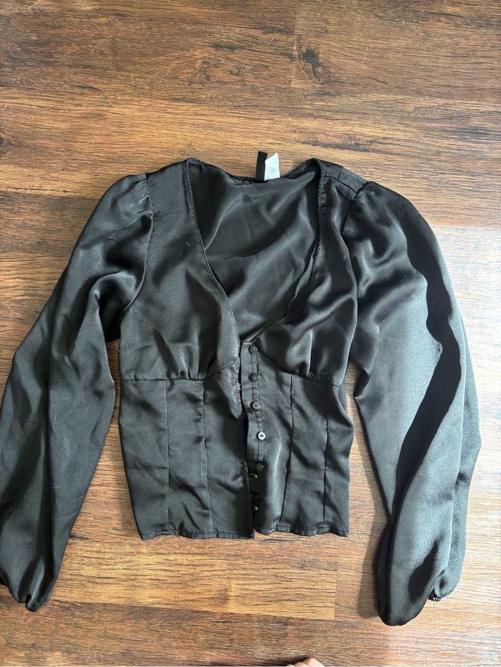 H&M Black Satin Puff-Sleeve Button Front Blouse